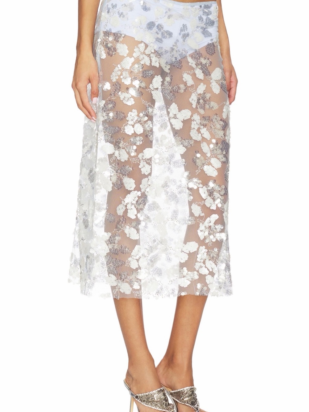 SIEDRES Sheer White Floral Sequin Midi Skirt